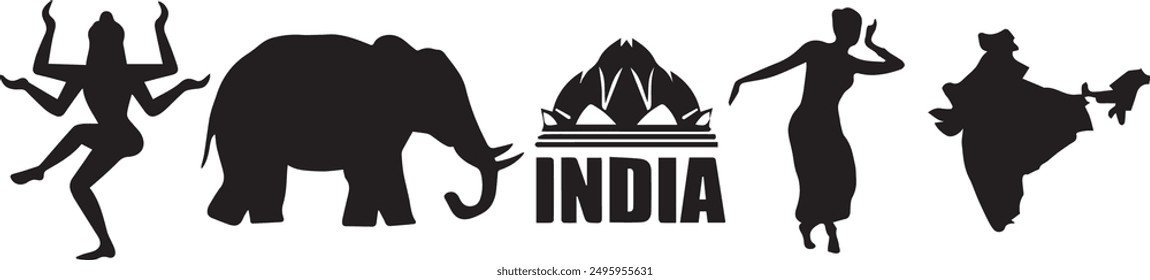 Traditional symbols of India country culture. Set of India silhouettes icons on white background. Vector illustration. EPS10.