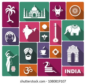 Traditional symbols of India. Icons with shadow