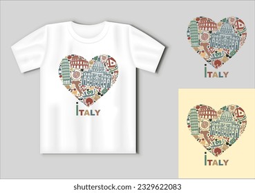 Traditional symbols of Italy in the shape of a heart. Travel concept with t-shirt mockup. Vector Illustration