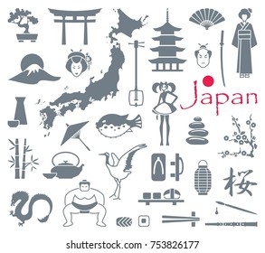Traditional symbols of Japan. Flat icons. Vector illustration