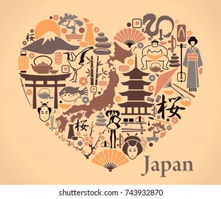 Traditional symbols of Japan in the form of a heart
