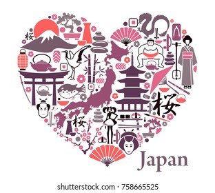 Traditional symbols of Japan in the form of a heart