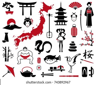 Traditional symbols of Japan. Two-coloured icons. Vector illustration