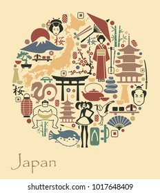 Traditional symbols of the Japanese architecture and culture in the form of a circle