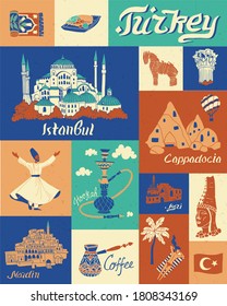 Traditional symbols and landmarks of Turkey. Illustration in vintage style. Set of national elements
