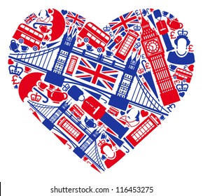 Traditional symbols of London and England in the form of heart