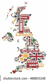 Traditional symbols of London and England in the form of map