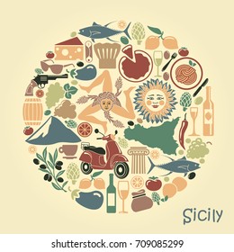 Traditional symbols of nature, cuisine and culture of Sicily. Set of icons in the form of a circle