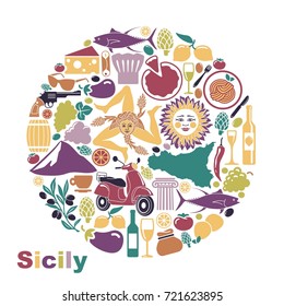 Traditional symbols of nature, cuisine and culture of Sicily. Set of icons in the form of a circle