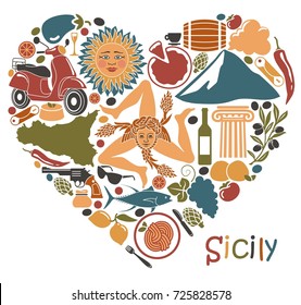 Traditional symbols of nature, cuisine and culture of Sicily. Set of icons in the form of a heart