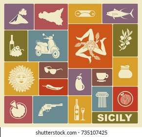 Traditional symbols of nature, cuisine and culture of Sicily. Set of icons