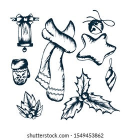 Traditional Symbols of New Year Vector Hand Drawn Set. Great For Invitation and Greeting Cards