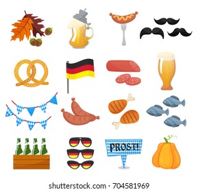 Traditional symbols of the Oktoberfest icons set. German national Oktoberfest objects isolated on white background. Cartoon flat style vector illustration