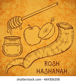 Traditional symbols of Rosh Hashanah (jewish New Year holiday). Honey, ram horn Shofar and apple on aged paper background. Concept design for Shana Tova greeting card. Vintage vector illustration