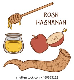 Traditional symbols of Rosh Hashanah (jewish New Year holiday). Honey, ram horn Shofar and apple on aged paper background. Concept design for Shana Tova greeting card. Vintage vector illustration