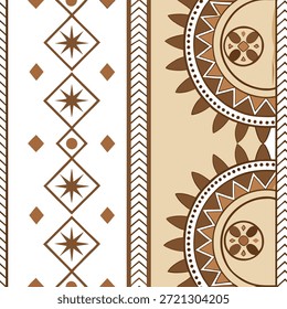Traditional symbols seamless pattern with folkloric figures and earthy tones for a rustic cultural design concept as Folkloric figures with traditional symbols and earthy tones create a rustic ethnic cultural design in Photo Stock Concept and empty space on the left side,no text --ar 7:2 --tile