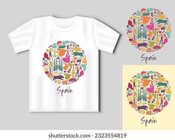 Traditional symbols of Spain in form circle. Flat icons in the shape of a circle. Travel concept with t-shirt mockup. Vector Illustration