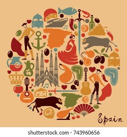 Traditional symbols of Spain in form circle