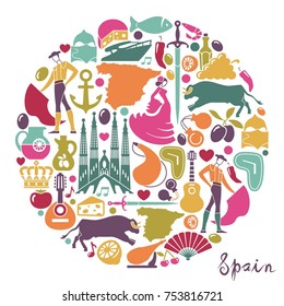 Traditional symbols of Spain in form circle