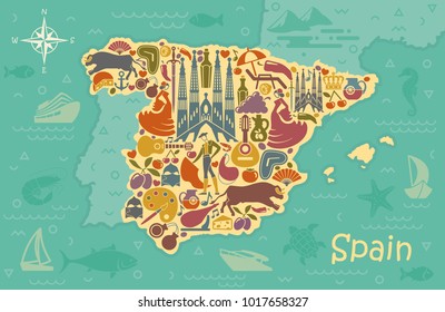 Traditional symbols of Spain in the form of a map.