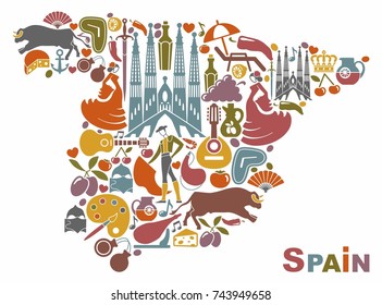 Traditional symbols of Spain in the form of a map.