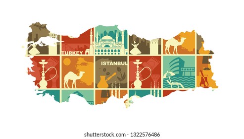 Traditional Symbols Of Turkey and Istanbul. Set of vector illustration in the form of a map of Turkey