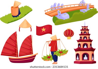 Traditional symbols of Vietnam 
 in cartoon style. Vietnamese flag, traditional hat, paper lantern, Halong Bay, ship, bridge, girl with food in traditional attire. Travel in Vietnam.