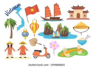 Traditional symbols of Vietnam cartoon vector illustration. Vietnamese flag, lotus flower, hat, paper lanterns, Halong bay, ship, motorcycle, bridge, bowl of rice. Travel, ASEAN, culture concept