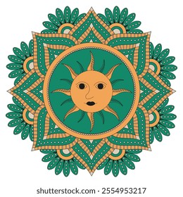 Traditional symmetry indian Kolam ornament with Folk sun template design isolated white background.  Ethnic pongal symbol. Vector illustration can used wall decor textile fabric print. EPS 10