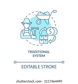 Traditional system turquoise concept icon. Bartering goods. Economic systems types abstract idea thin line illustration. Isolated outline drawing. Editable stroke. Arial, Myriad Pro-Bold fonts used