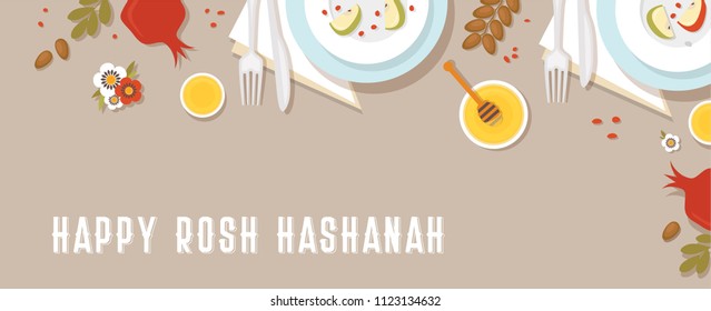 traditional table for Rosh Hashanah, Jewish new year, dinner with traditional symbols. vector illustration template banner