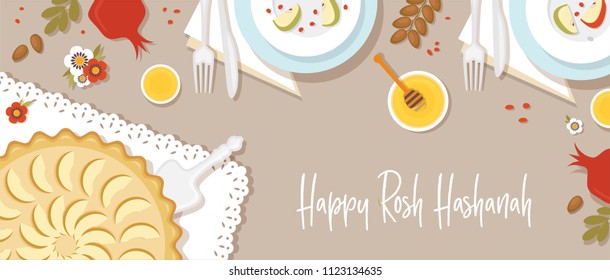 traditional table for Rosh Hashanah, Jewish new year, dinner with traditional symbols. vector illustration template banner design 