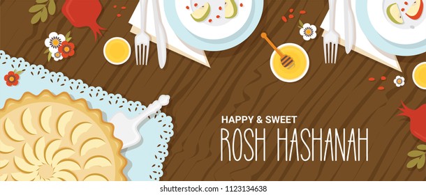 traditional table for Rosh Hashanah, Jewish new year, dinner with traditional symbols. vector illustration template banner design 