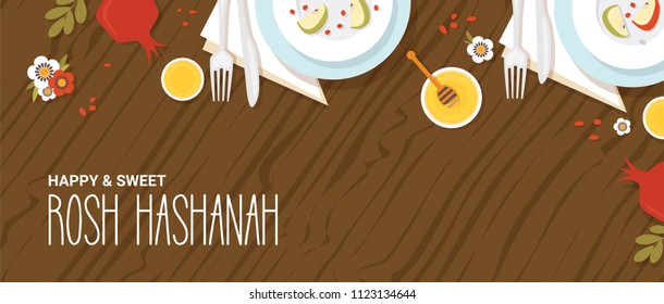 traditional table for Rosh Hashanah, Jewish new year, dinner with traditional symbols. vector illustration template banner design 