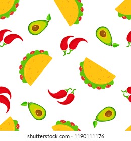 Traditional taco day vector seamless pattern. National fastfood illustration tacos with beef, salad and tomato, green avocado and hot chili peppers randomly ordered on white background for cafe design