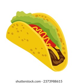 Traditional taco design element for cafe or restaurant vector illustration isolated on white background. Delicious spicy Mexican food with tortilla, beef, cheese, salad and tomato