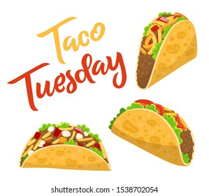 Traditional taco Tuesday, cafe or restaurant poster with delicious tacos, spicy Mexican food with tortilla, beef, salad and tomato, vector illustration