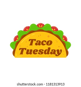 Traditional taco tuesday meal vector illustration. Spicy delicious tacos with beef or chicken, meat sauce, green salad and red tomato with big sign Taco Tuesday for restaurant or cafe event design.