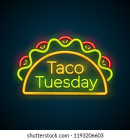 Traditional taco tuesday neon light sign vector illustration. Spicy tacos with beef, green salad and red tomato with big glowing label Taco Tuesday for mexican food cafe night event advertising