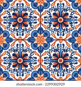 Traditional Talavera ornamental pattern. Seamless abstract pattern from tiles. Azulejos tiles patchwork. Portuguese and Spain decor. Mediterranean porcelain pottery.