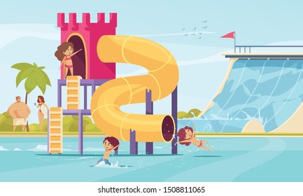 Traditional tall and super fun tube family water slides in amusements aqua park comics composition vector illustration 