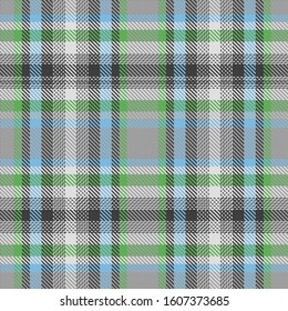 traditional tartan ornament - green and blue main treads on grey, repeatable seamless pattern