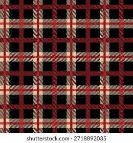 Una tradicional tela escocesa de tartán con rayas rojas, beige y negras que se cruzan con sutiles texturas diagonales, creando una rejilla rica y simétrica de contraste audaz y encanto histórico.