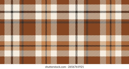 A traditional tartan plaid pattern featuring bold brown and beige tones accented with black lines in a geometric crisscrossed design