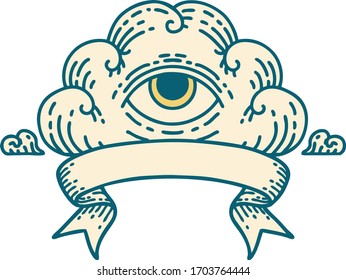 traditional tattoo with banner of an all seeing eye cloud