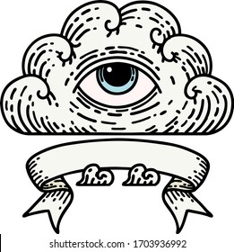 traditional tattoo with banner of an all seeing eye cloud