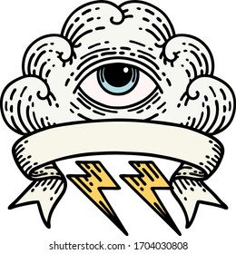 traditional tattoo with banner of an all seeing eye cloud