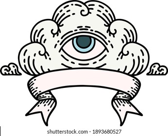 traditional tattoo with banner of an all seeing eye cloud