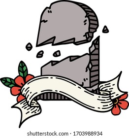 traditional tattoo with banner of a broken grave stone
