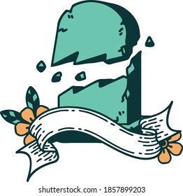 traditional tattoo with banner of a broken grave stone